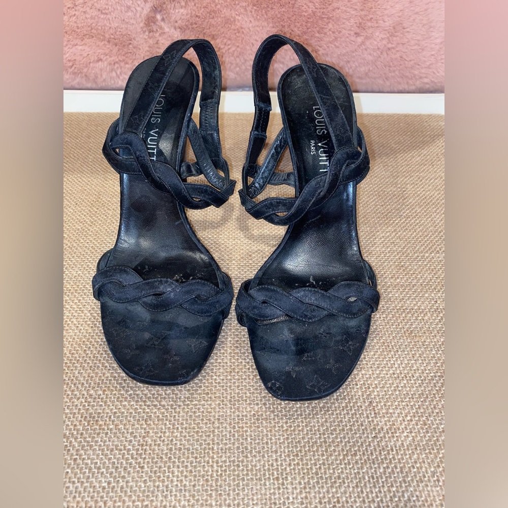 LOUIS VUITTON PARIS BRAIDED LOGO PRINT BLACK HEELS SANDALS - 37.5 (7.5) Vintage